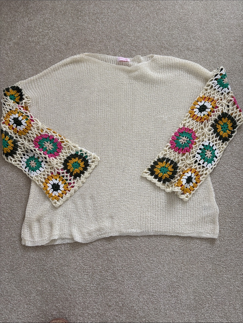 Pink Lily Cream Knit Sweater with Crochet Floral Sleeves
